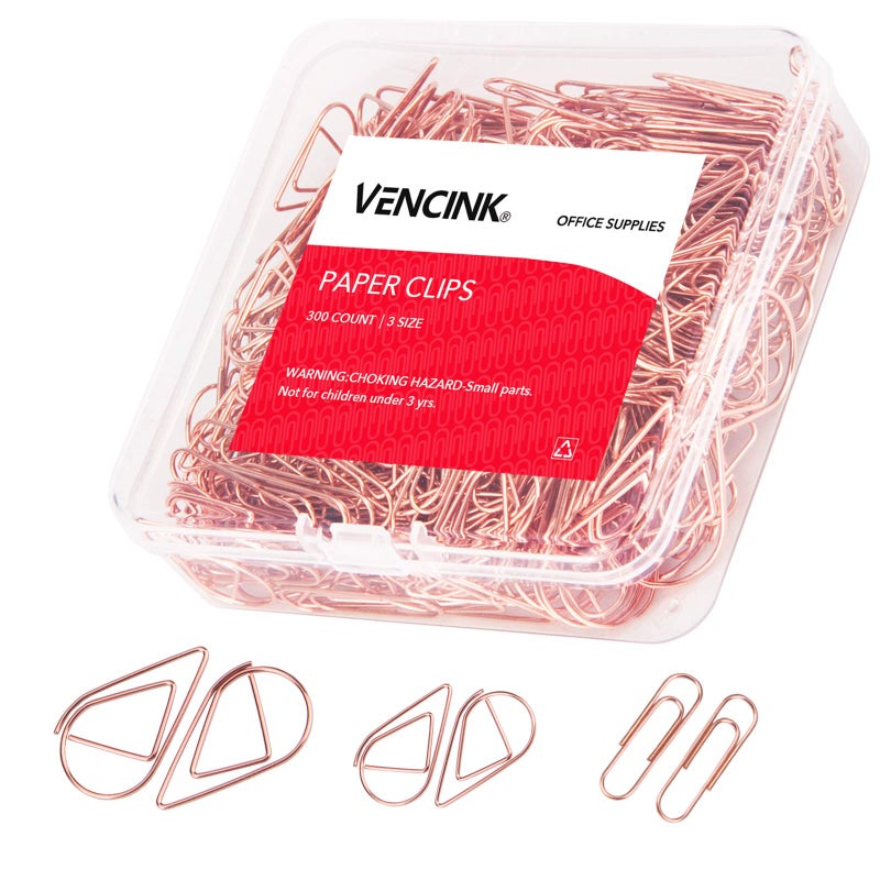 VENCINK 300 Pcs Cute Rose Gold Paper Clips Assorted Sizes, Smooth Steel Wire Paperclips Large Medium and Small for Office Supplies School Students Girls Kids Women Wedding Paper Document Organizing by VENCINK - Image 1